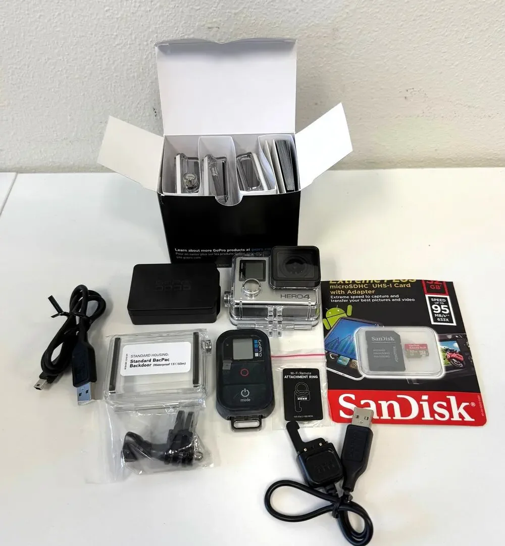 GoPro Hero 4 Camera with Case, Battery, 2 SD Cards in Original Box Bundle TESTED